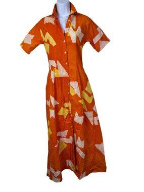 Studio 189 Cotton Short Dress Handmade Orange Button Up Maxi Shirt Dress Small